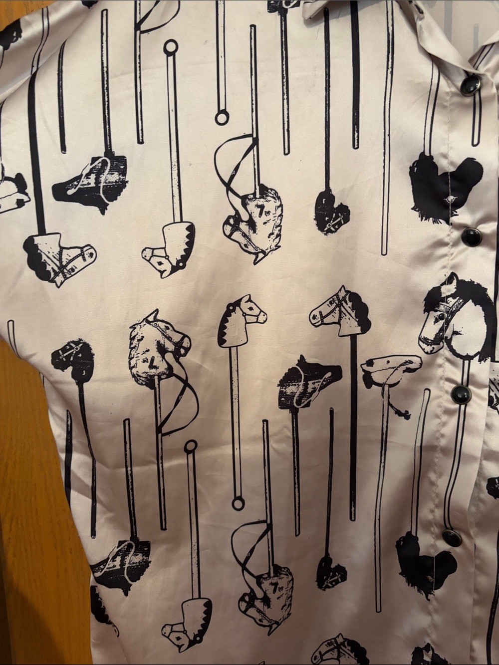 Woven Short-Sleeve Button-Up Blouse - White with Black Print - Picture 3 of 5